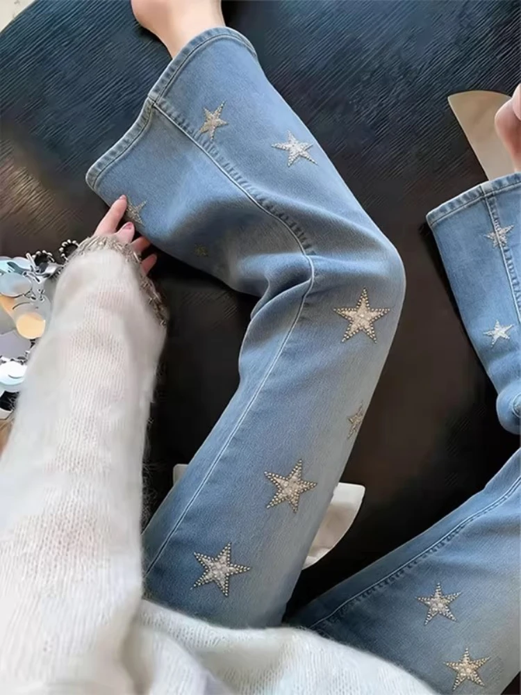 Blue Star Embroidered Slim Fit Jeans Women's Summer 2026 High Waist Nine Points Micro Flare Casual Style Versatile Slimming J...