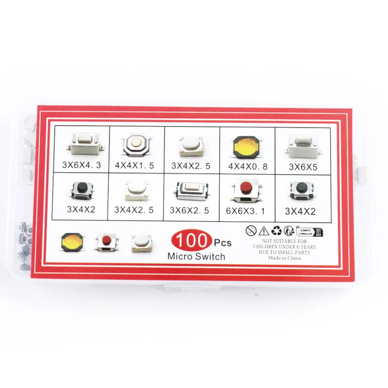 100 stuks tactiele schakelaars autoschakelaarknoppen 10 specificaties elk 10 stuks SMD-schakelaars 100 stuks