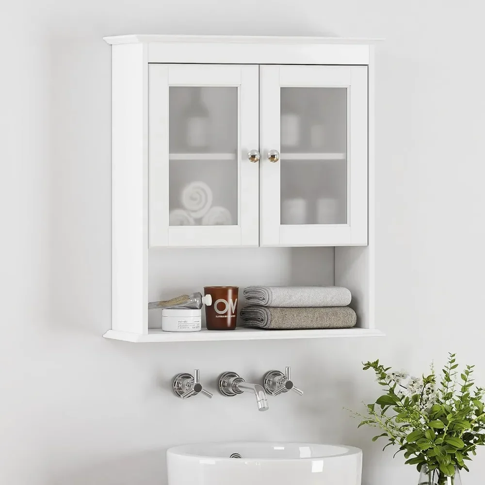 Wall mounted bathroom cabinet with glass door and adjustable shelf storage, bathroom wall cabinet above toilet