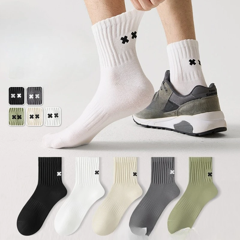 

5 pairs new men's autumn winter mid tube pure cotton antibacterial odor proof sports short tube men's plus size cotton socks
