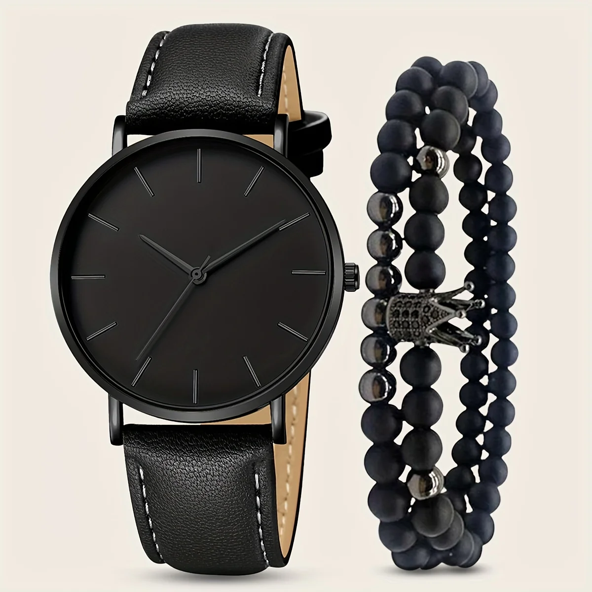 2pcs/set, Simple Business Men's Round Quartz Watch & Crown Beads Bracelet Set