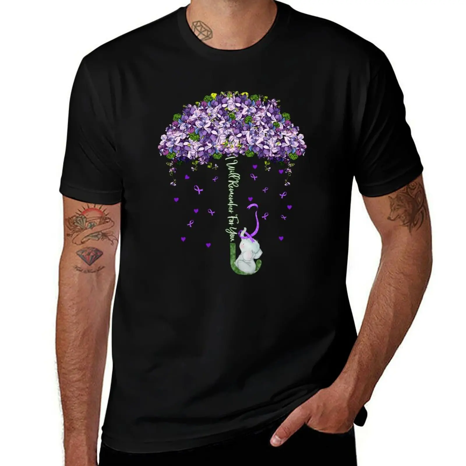

Flower Umbrella Cute Elephant Alzheimer Aware I Will Remember For You T-Shirt Casual Fashion Print Tee Top