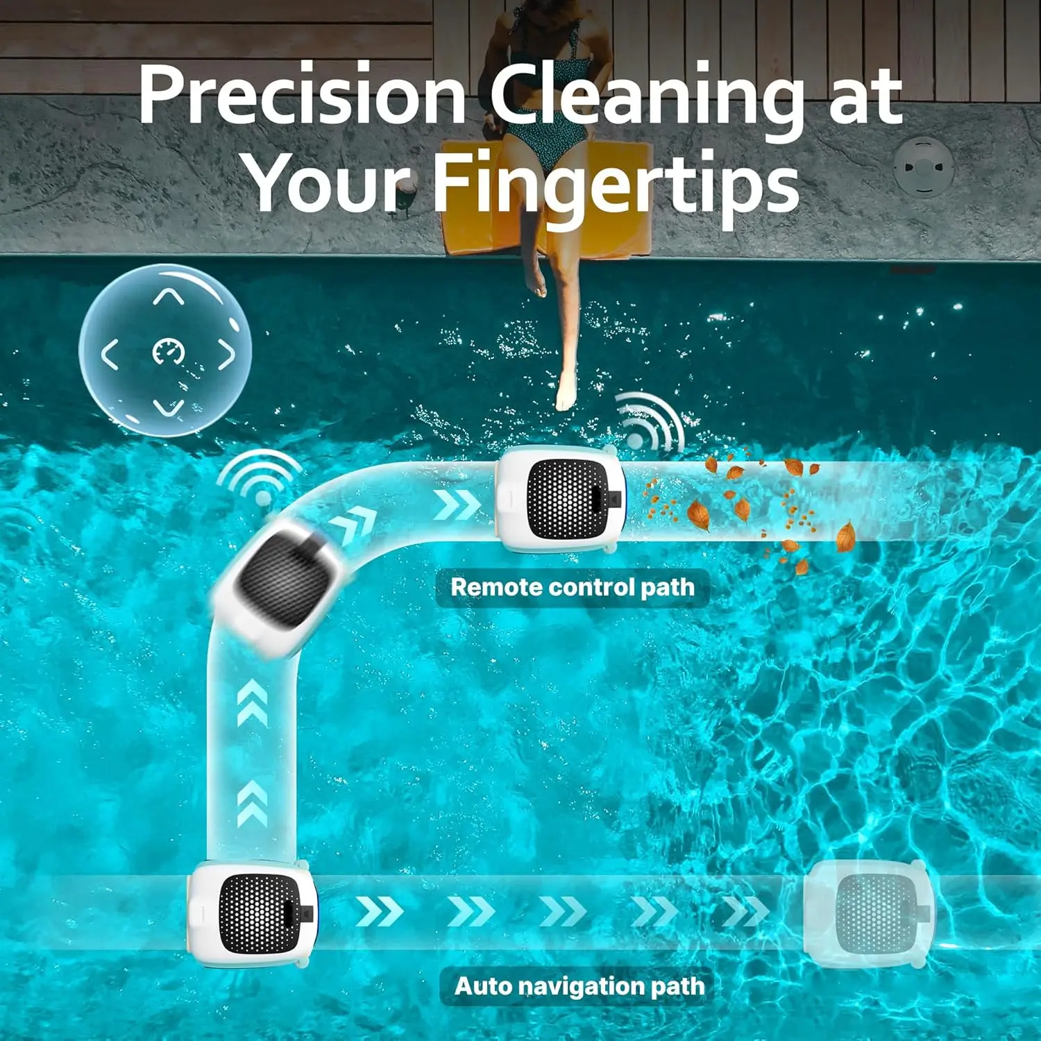 روبوت مقشدة حمام السباحة مع وقت تشغيل 10 ساعات، بطارية كبيرة بدلاً من الألواح الشمسية، جهاز قياس سطح حمام السباحة اليدوي للتحكم عن بعد