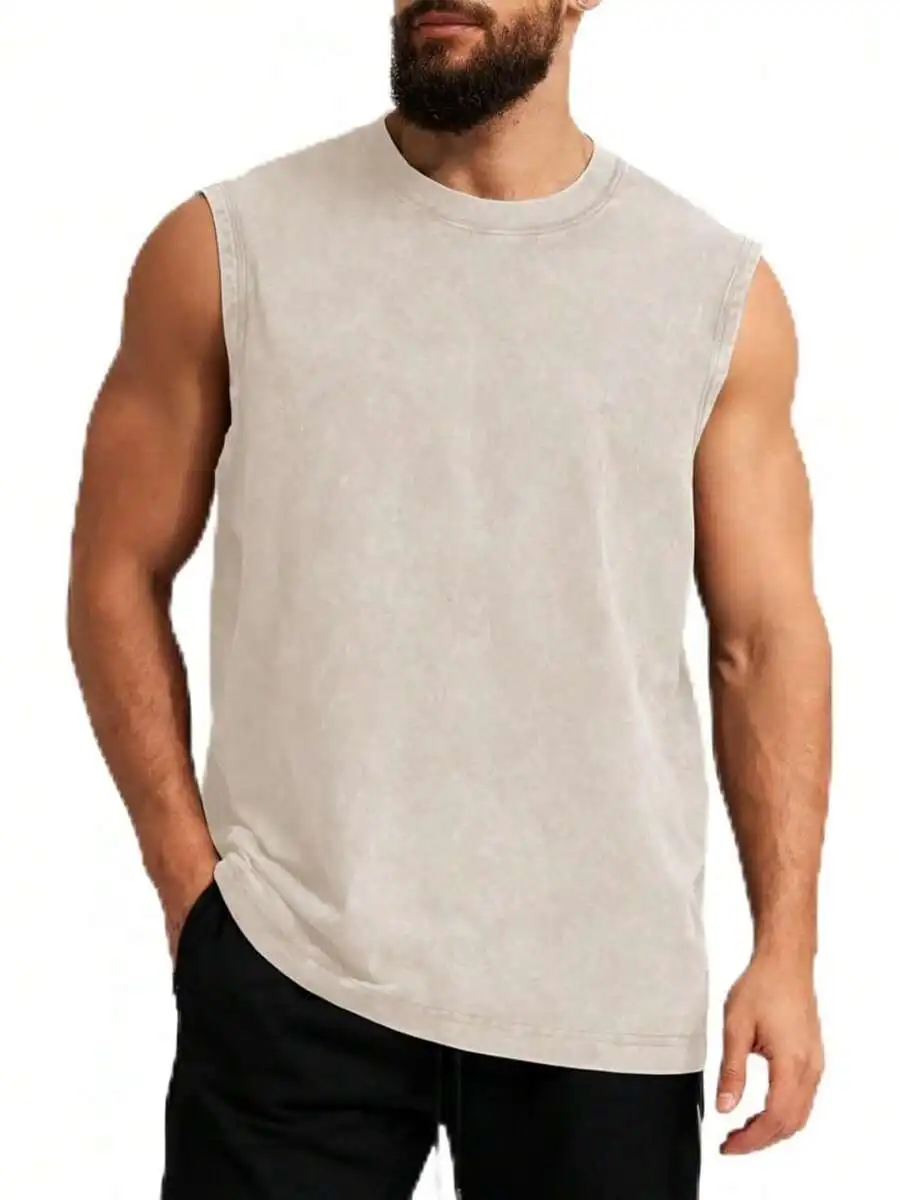 

Mens Sleeveless Cotton Vest Casual Acid Wash Tank Top Gym Workout Loose Fit