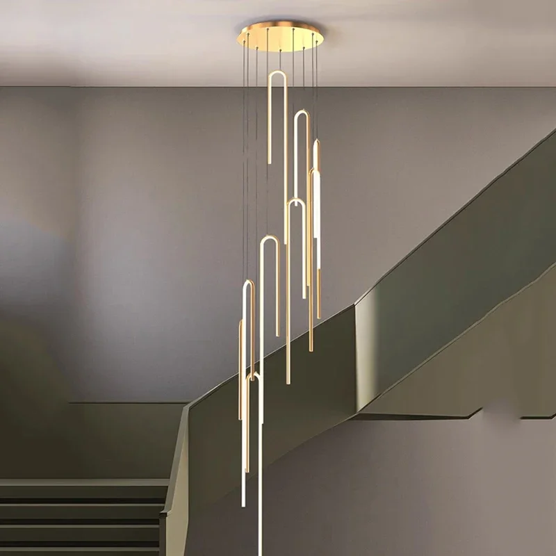 Rotating Duplex Staircase Long LED Chandelier Creative U-shaped Designer Pendant Light Minimalist Villa Living Room Hollow Lamp
