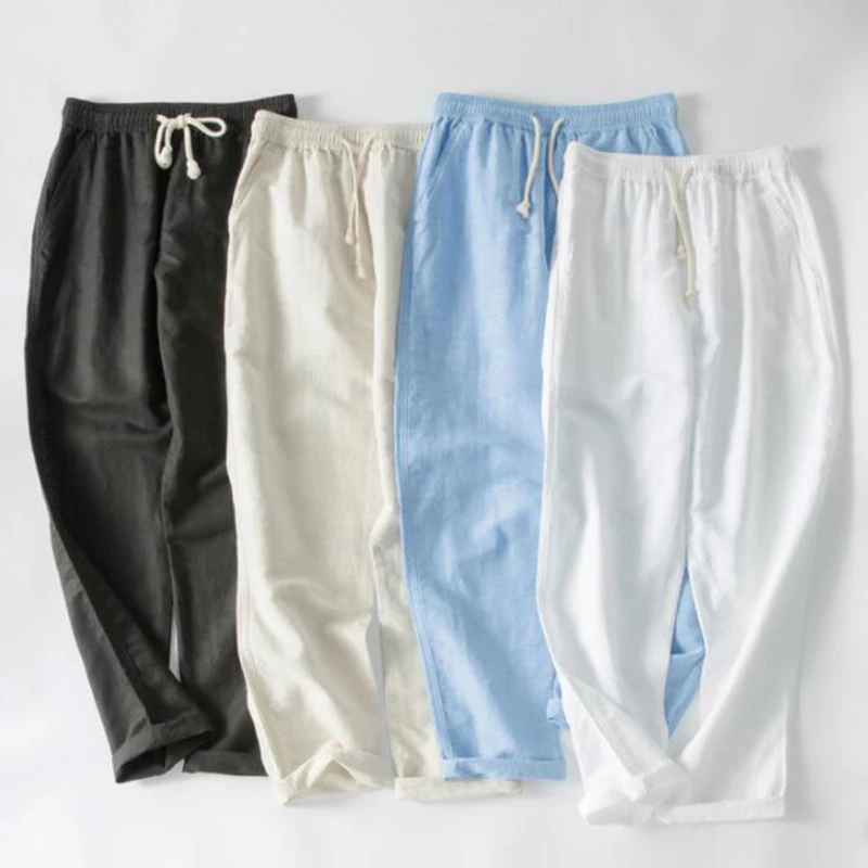 High Quality Breathable Summer Trousers Linen Pants Men Drawstring Adjust Casual Loose Design White Black Beige Light Blue