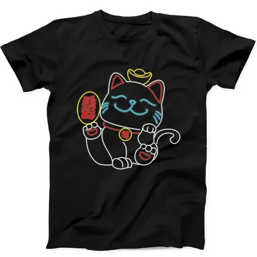 Camiseta negra con diseño de gato de la suerte japonés Maneki Neko, luz de neón, regalo divertido, 68