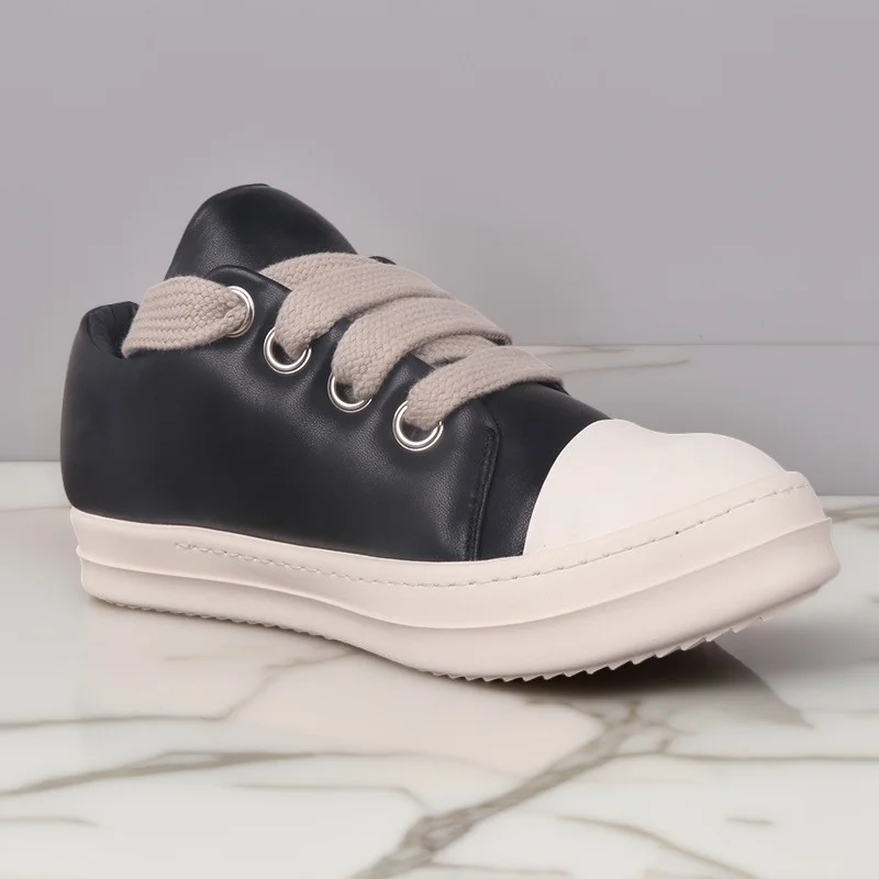 Men's Casual Leather Shoes Women Low Top Jumbo Lace-Up Luxury Designer Black White Sneakers Wide Shoelaces Autumn Bread Shoe