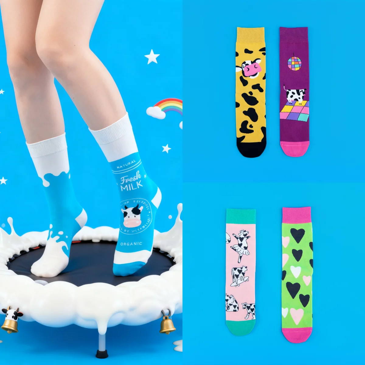 

1 Pair of Mid-Calf Socks with Cartoon Cow Design，Trendy and Fashionable, Suitable for All Seasons Unisex Style