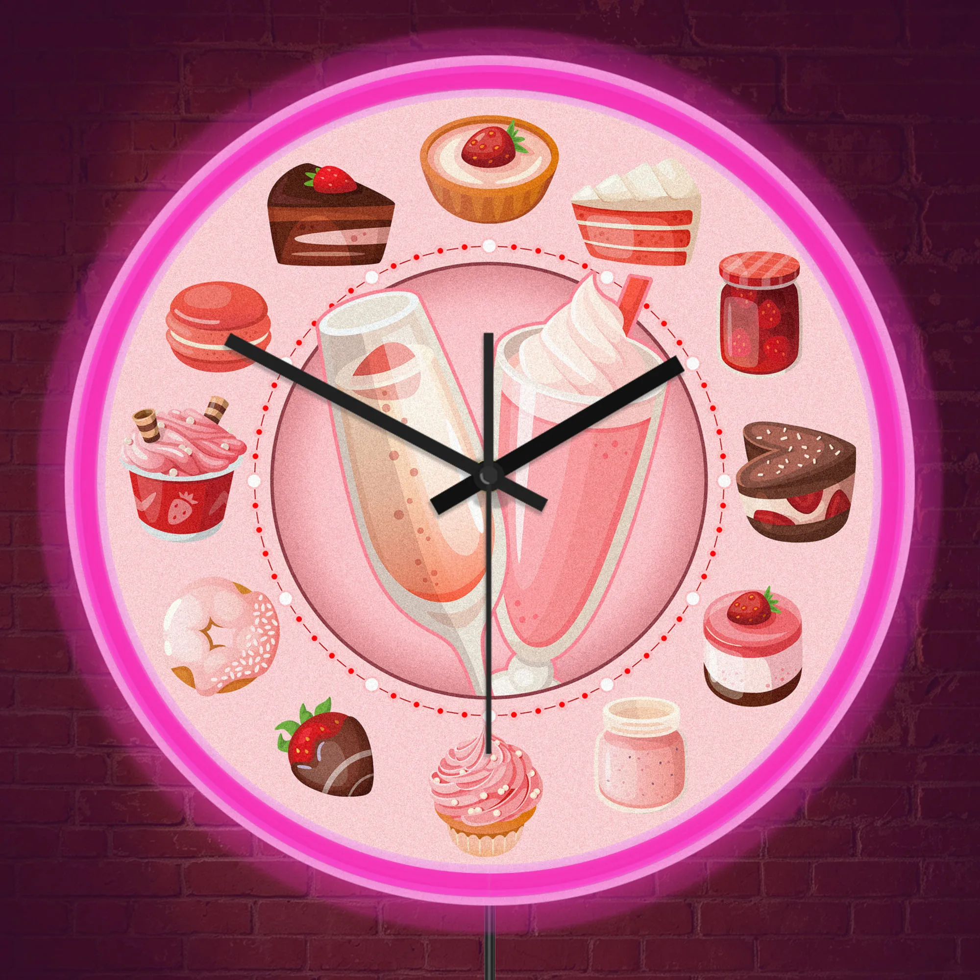 Strawberry Sweet Dessert LED Neon Light Wall Clock for Home Kitchen Dinning Room Bakery Illuminated Sign Wall Clock Glow in Dark