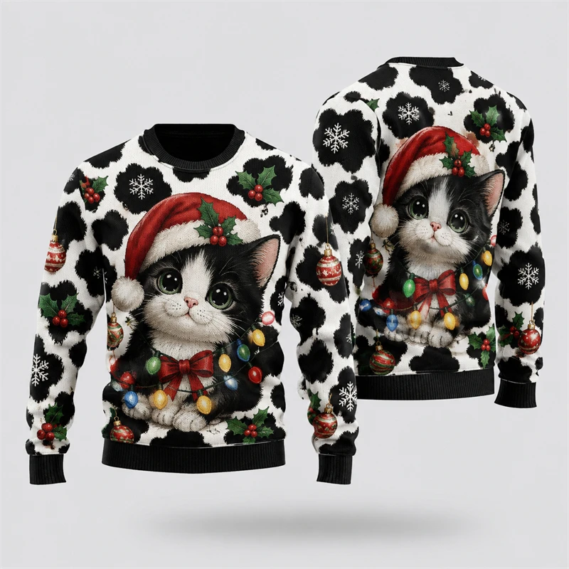 Farm Animals Unisex Ugly Christmas Sweatshirt Cow Print 3D Graphic Ugly Sweater Trendy Casual Holiday Party Pullover Xmas Gift