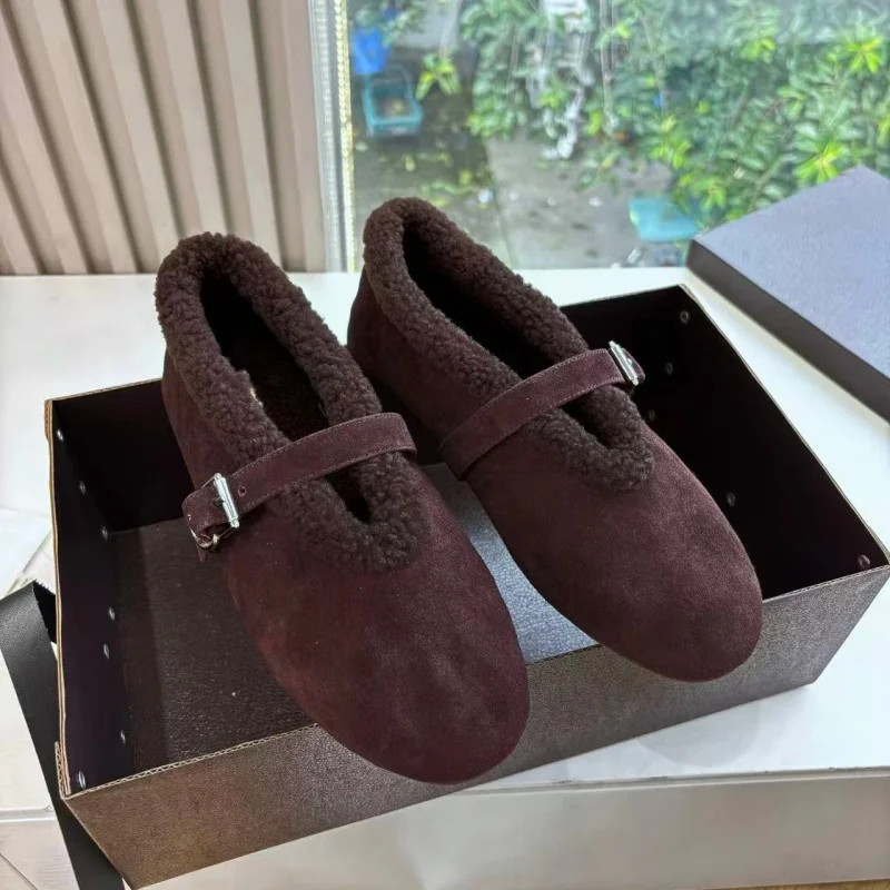 Designer Brand Original Warm and Fluffy Fur Shoes for Women's Plush Ballet Shoes with Belt Buckle and Fur Integrated Cotton Shoe