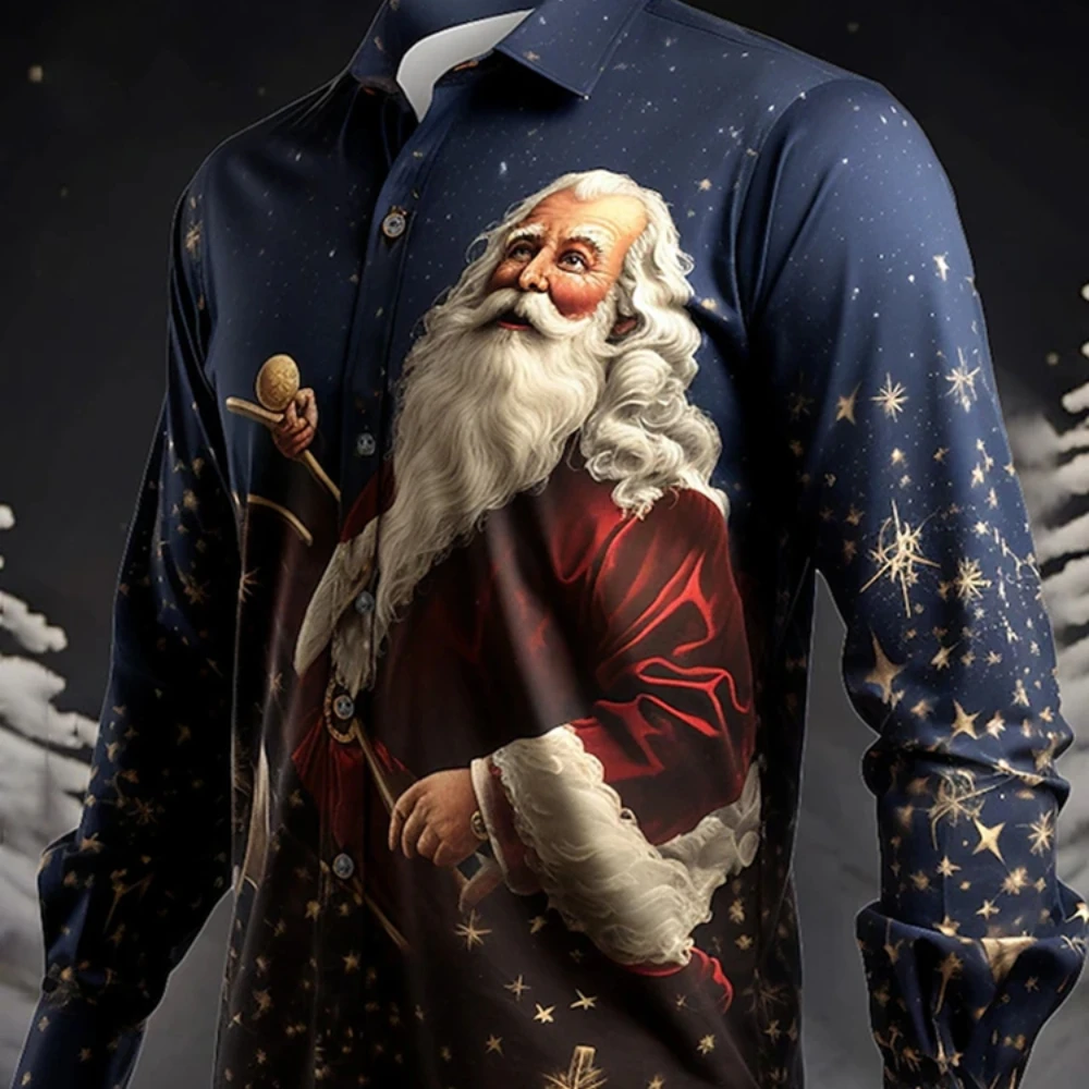 

Fashion Daily Wear Going Out Fall & Winter Turndown Long Sleeve Stretch Fabric Shirt Santa Claus Printing Casual Men's Shirt