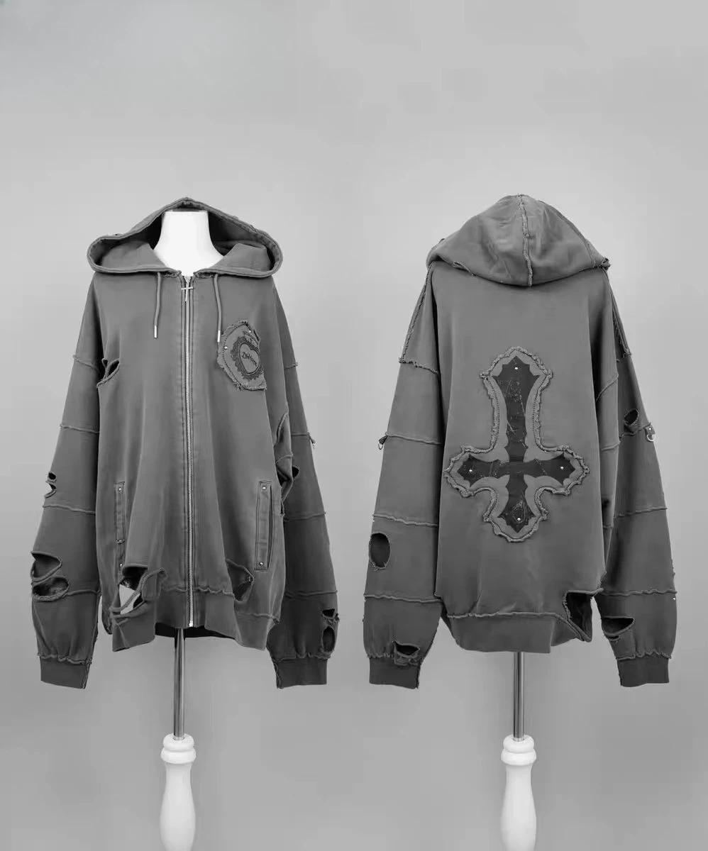 اليابانية الرجعية Y2K ثقافة فرعية ممزق معطف بقلنسوة القوطي الشرير فضفاض سستة معطف لطيف الحلو كول اليومية الخريف الشتاء النساء