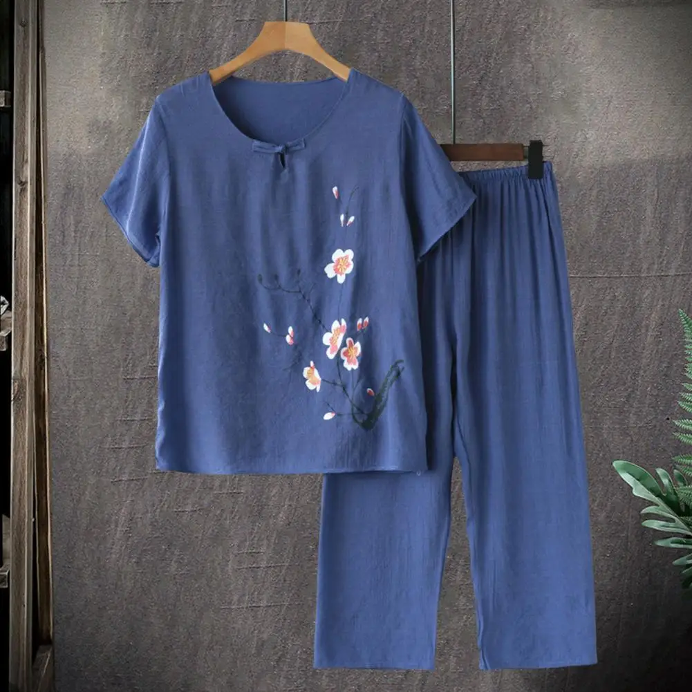 Crew Neck Pajama Top Elegant Mid-aged Women's Pajama Set with Flower Print Short Sleeve Top Wide Leg Pants for Mother