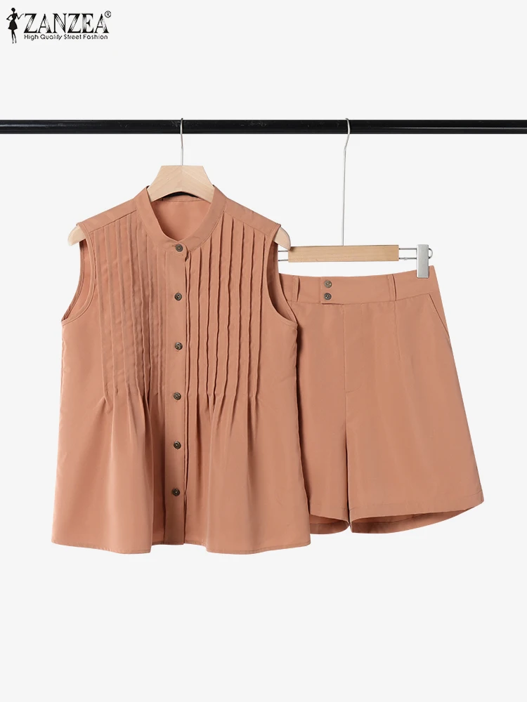

Casual Short Sets Women Vintage Solid Tops Loose Short Pants 2025 ZANZEA OL Office Outfits Fashion Summer Matching Sets Oversize