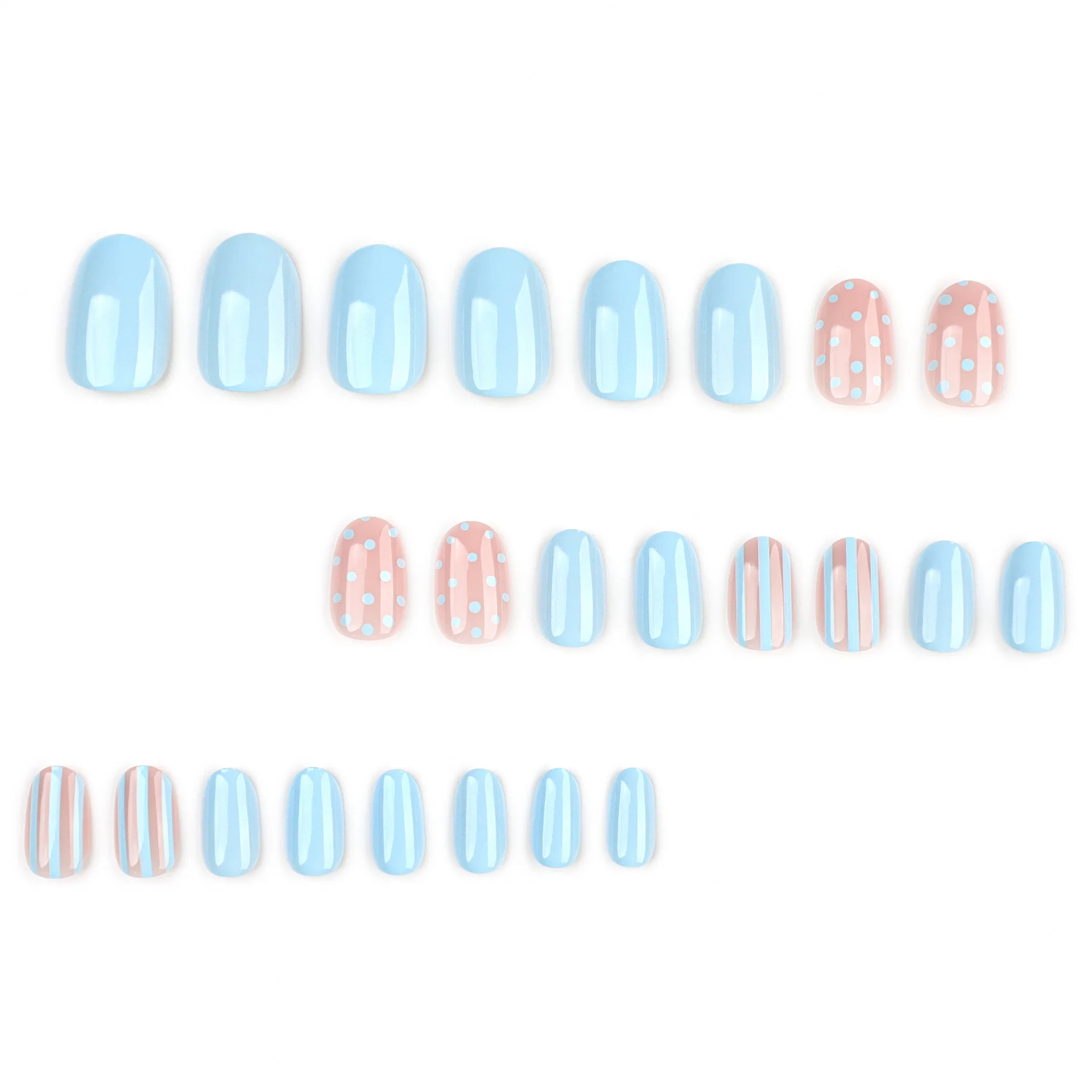 Blue Stripe Polka Dot Wearable Nail Tips Short round Design False Nails for Beauty Manicure Single Style Nail Art Accessories