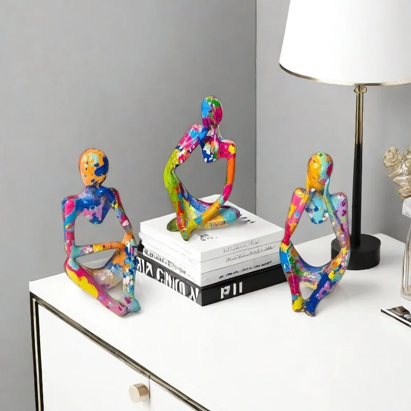 Colorful Graffiti Resin Thinker Statue Abstract Art Sculpture Creative Home Living Room Office Decor Unique Aesthetic Ornament
