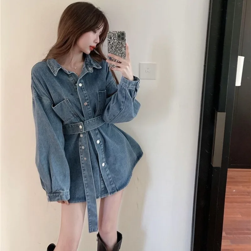 Spring temperament hundred take care of skinny age reduction in the long paragraph waist belt denim jacket Korean pocket top