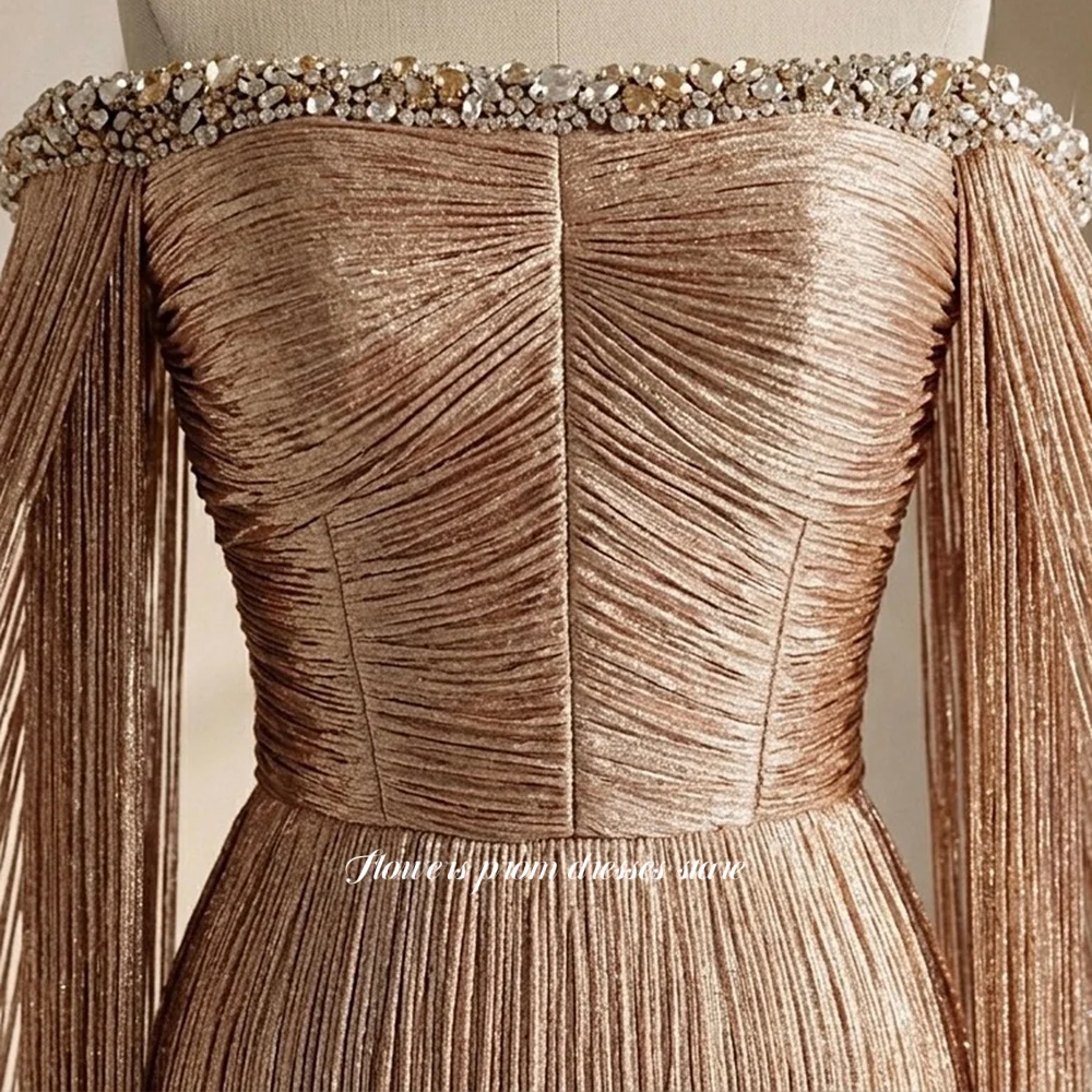 Flowers Champagne Prom Dress Tassels Party Dress Beading Crystal Stone Luxury Evening Gala Dress Formal Princess Gown Customized image 2