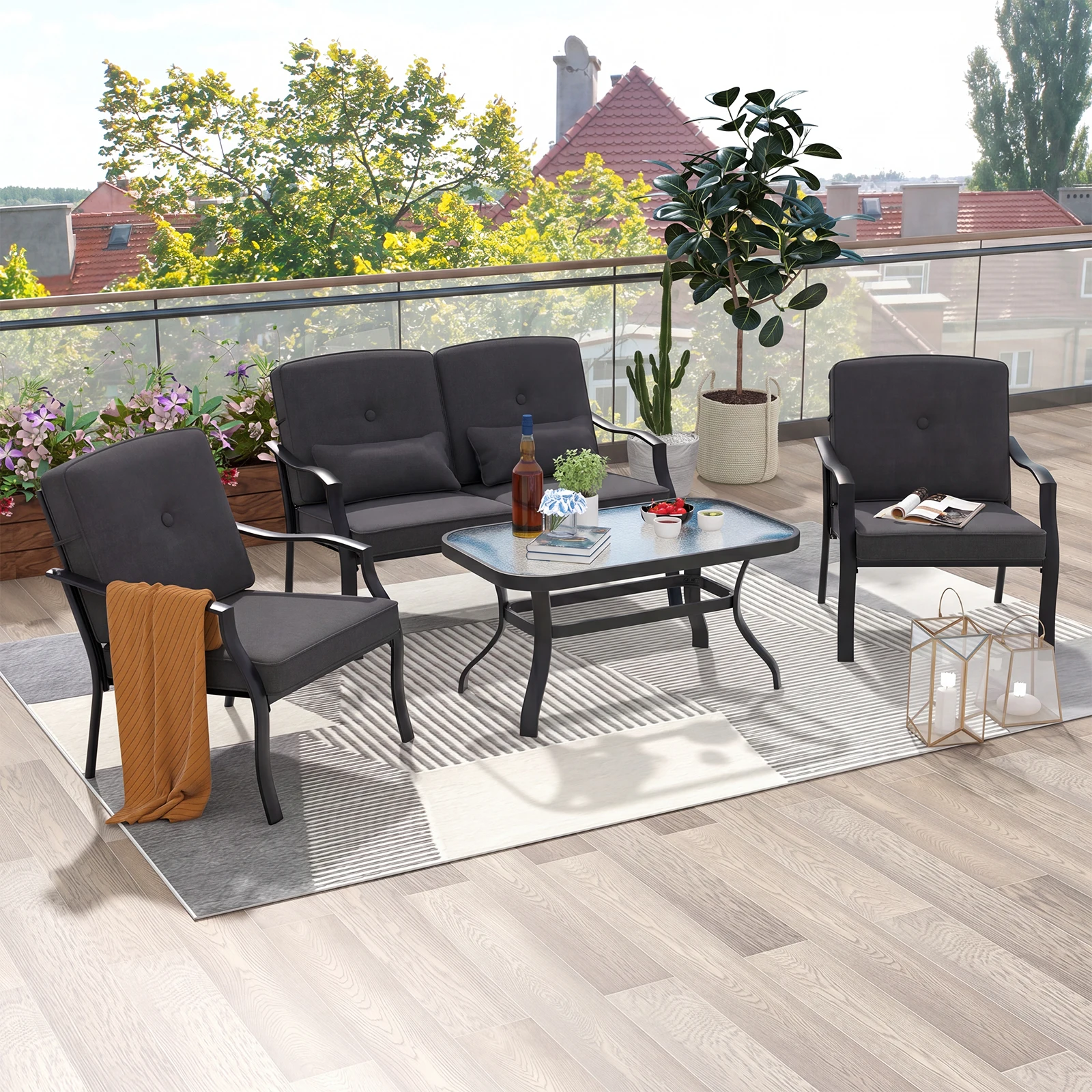 4 PCS Patio Metal Chairs Outdoor Dining Seat Heavy Duty w/ Cushions Garden Black