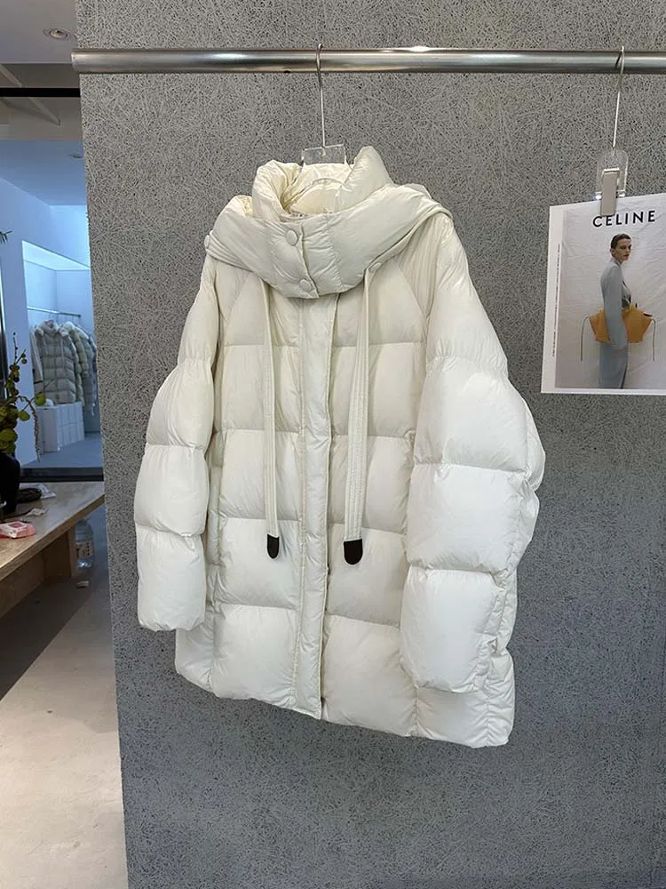 럭셔리 여성 후드 다운 재킷 2025 겨울 두꺼운 따뜻한 느슨한 중간 길이 퍼퍼 코트 기본 여성 겉옷 솔리드 INKEO DJ533