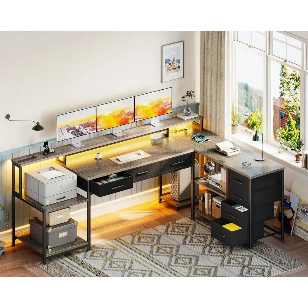 79" L Shaped Desk, L Shaped Computer Desk with 2 Power Outlets & Monitor Shelf, Home Office Desk with Storage Shelves,