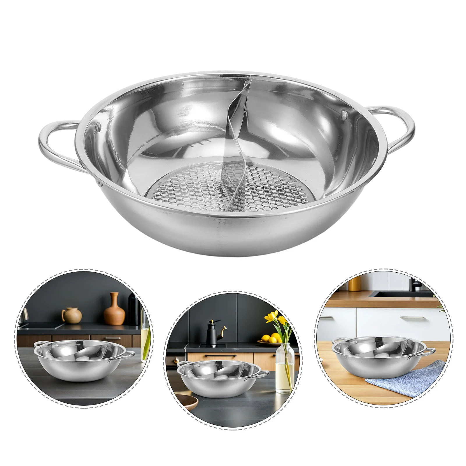 

11 Inch Stainless Steel Hot Pot With Divider Dual Flavored Cooking Pot Double Handle For Induction Gas Stove Anti-Sticking