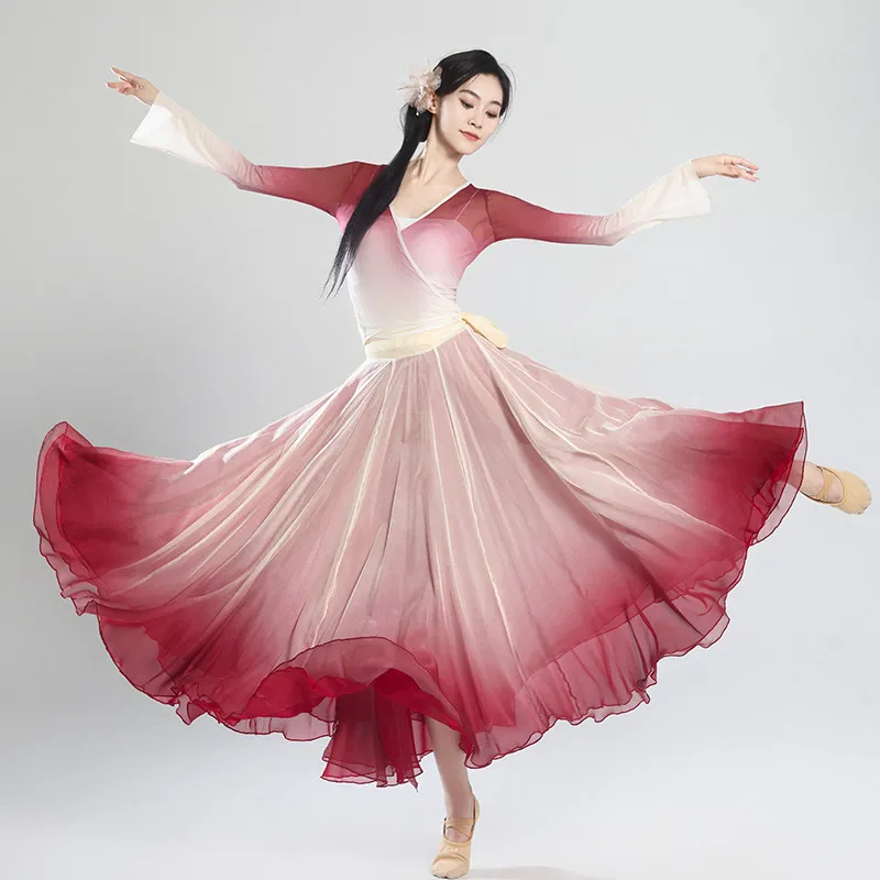 Classical Dance Outfit Set Adult Gradient Skirt Flounce Design Breathable Chiffon Women's Fitness Dancewear