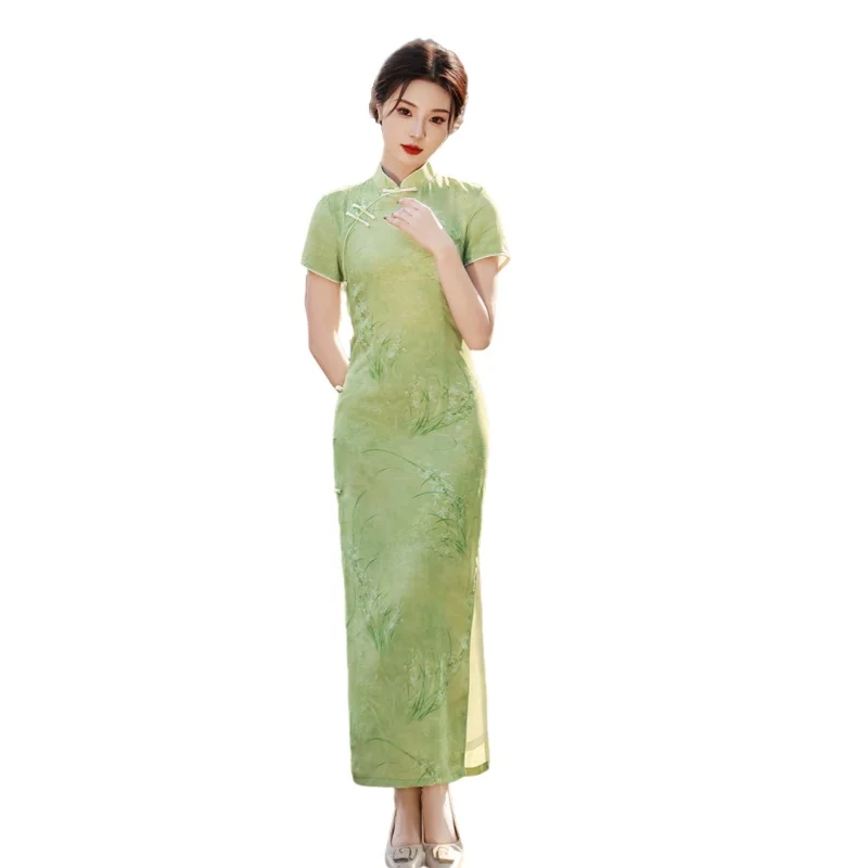 

Chinese Traditional Clothing Retro Cheongsam Green Print Costume Stand Collar Short Sleeved Side Slit Slim Fit Dress for Women