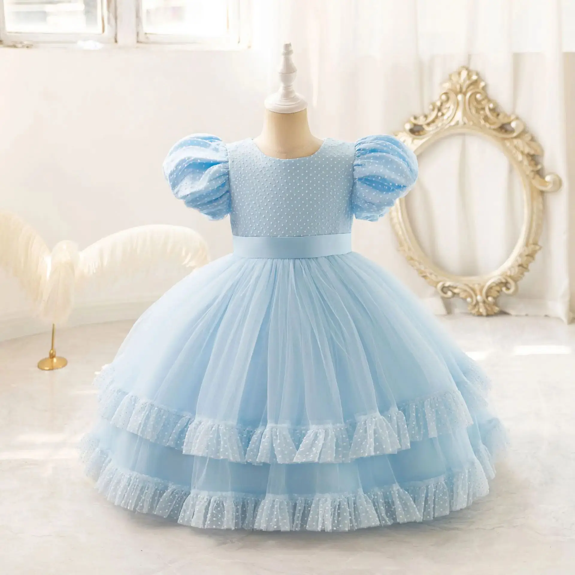 HETISO Elegant Girl's Puff Sleeve Dress Christmas Party Gown Children's Princess Layered Frocks Dotted Design for Kids Ages 2-10