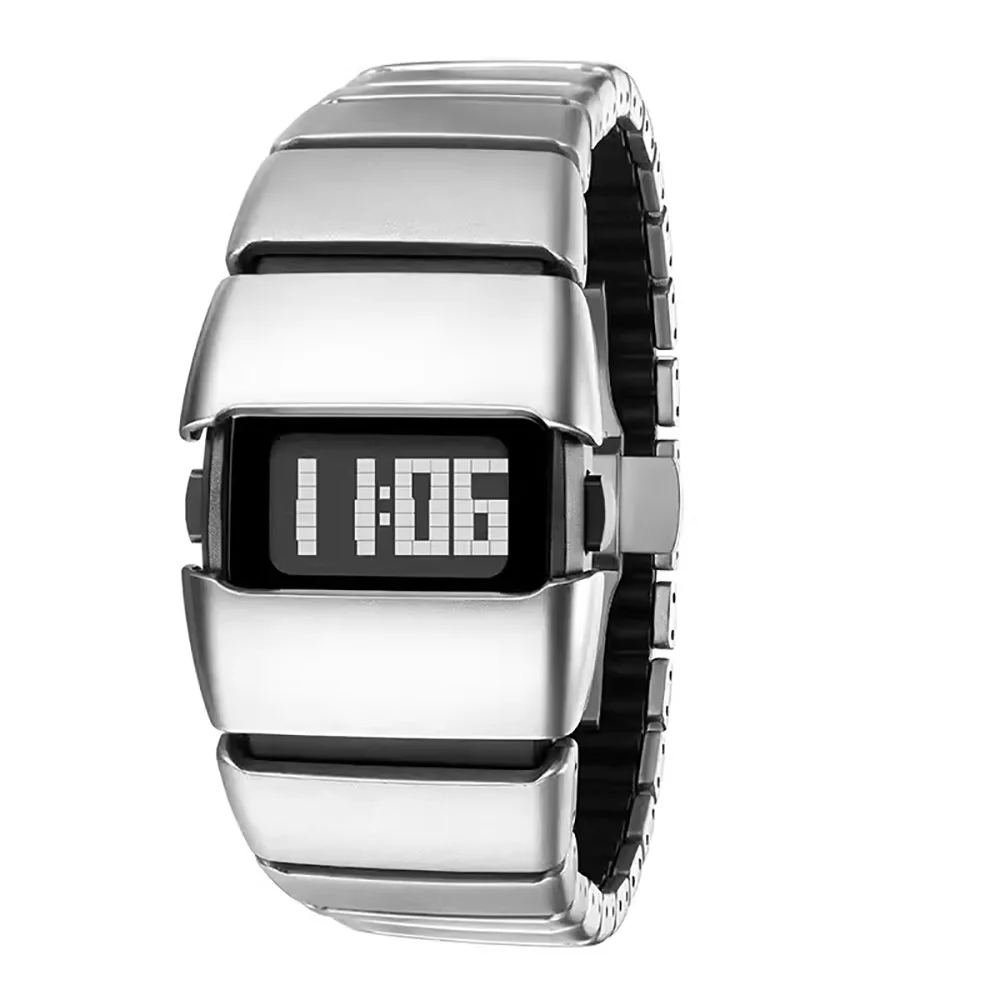 

Men Cool Stainless Steel Unique Watches Unique Metal Watch Stainless Steel Strap LCD Display Digital Watch