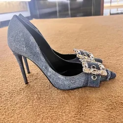 New blue denim square buckle rhinestone high heels, women's slim heels, pointed toe, and sexy women's singles shoes