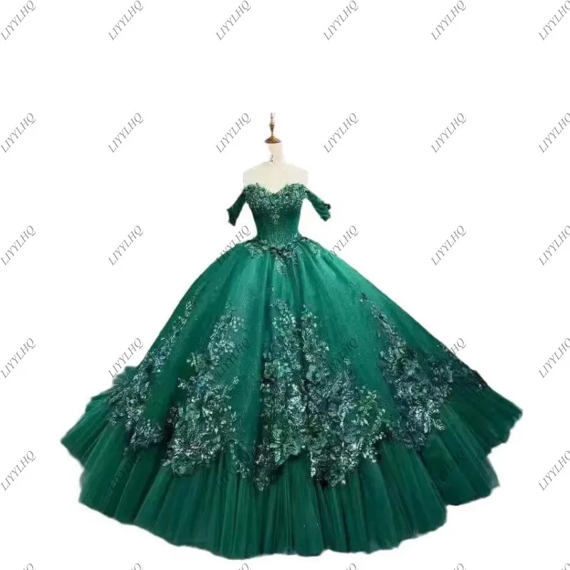 LIYYLHQ Glittering Emerald Green Quinceanera Dresses Ball Gown Prom Dress Sweet 15 16 Dresses Party Gown vestido de 15 años NEW