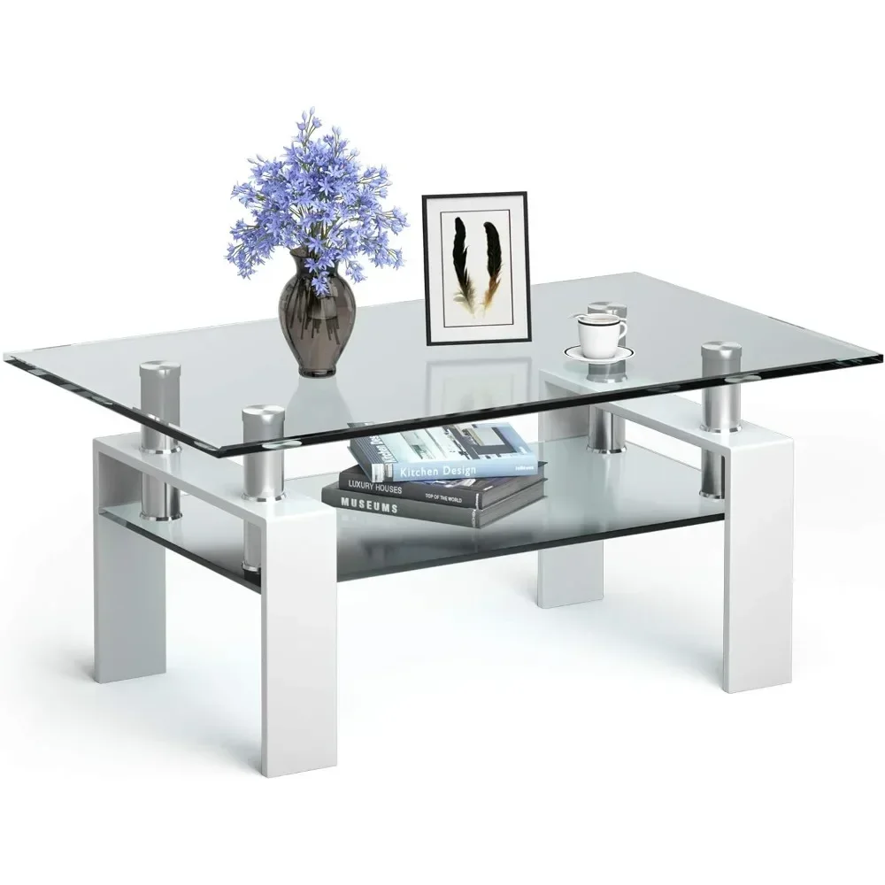 Mesa de centro rectangular de vidrio, mesa de centro lateral moderna con estante inferior, mesa de vidrio templado y patas de metal