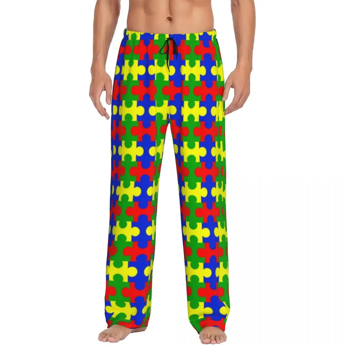 Calça de pijama masculina colorida puzzles, impressão personalizada, consciência do autismo, pijamas, fundo do salão do sono com bolsos