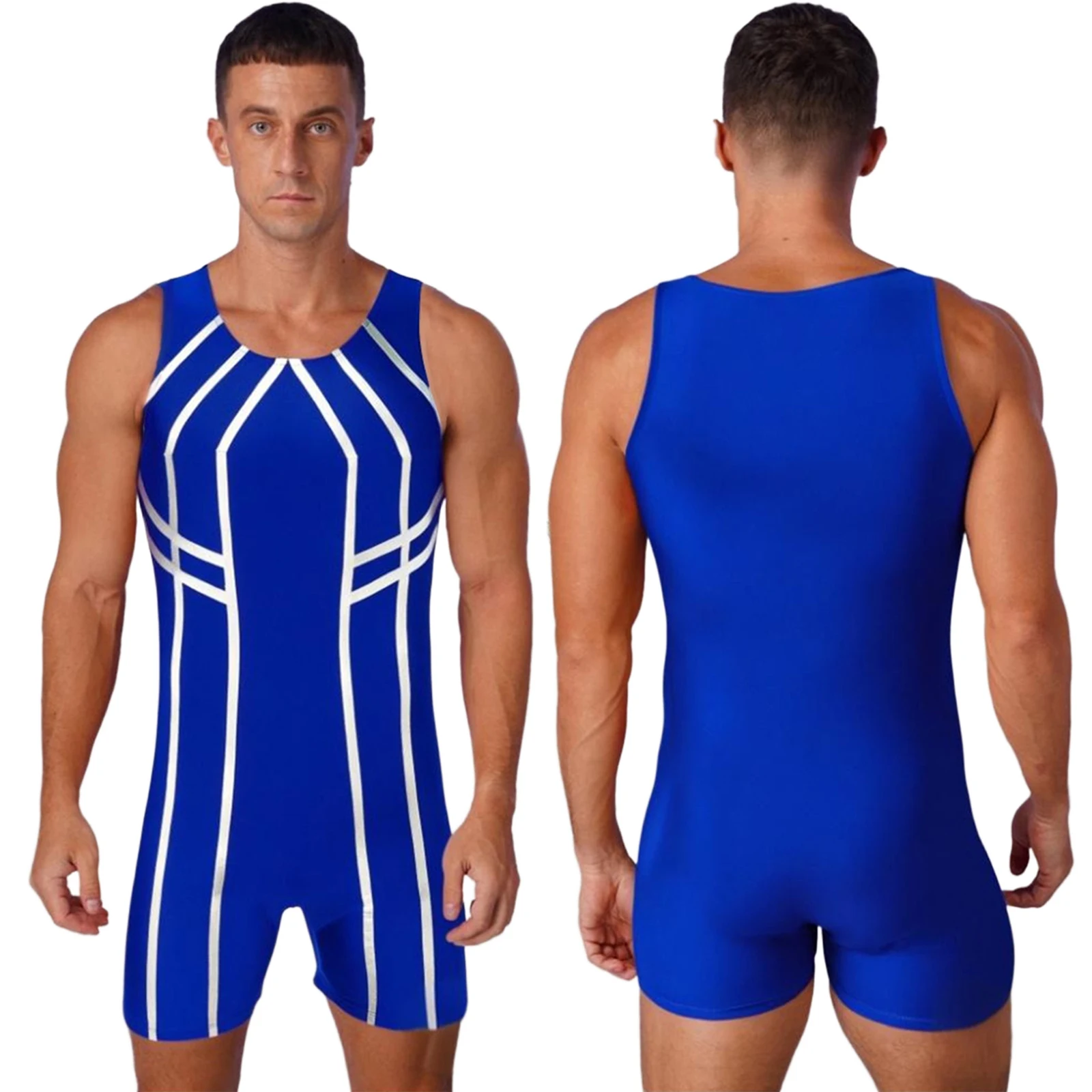 

Men Fashion Metallic Stripes Wrestling Singlet Jumpsuit U-Neck Sleeveless Gymnastics Bodysuit for Bodybuilding Workout Exercise
