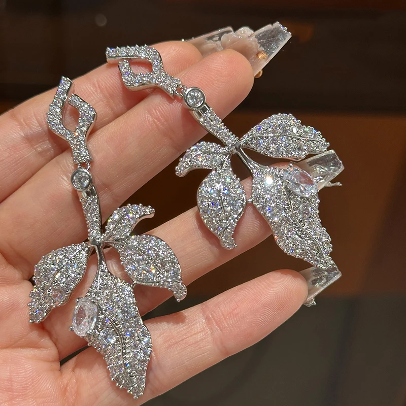 Luxury large elegant leaf studded earrings super glitter exaggerated french romance wedding banquet jewelry