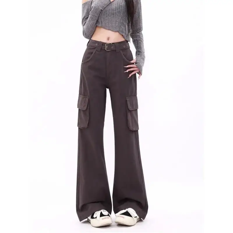 Flap Pocket Full Length Flare Jeans with Belt Loose Cargo Pants Women Autumn 2023 New Fashion Vintage High Waisted Streetwear