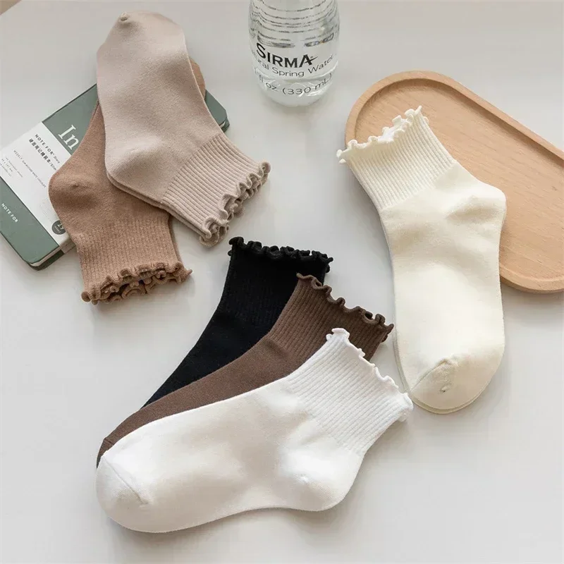 Cotton Lace Edge Socks Women's Mid-calf Winter Mary Jane Pure Color Solid Pattern Stockings Breathable Comfortable Soft Material