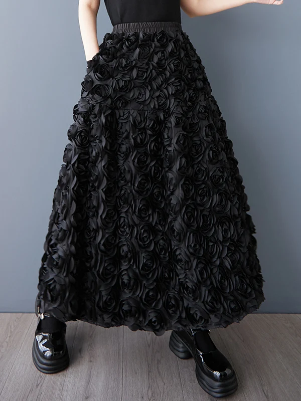 

Casual k Heavy Industry 3D Flower Loose Women's f Skirt Spring Summer A-Line Midi Skirt Versatile Fluffy Skirt