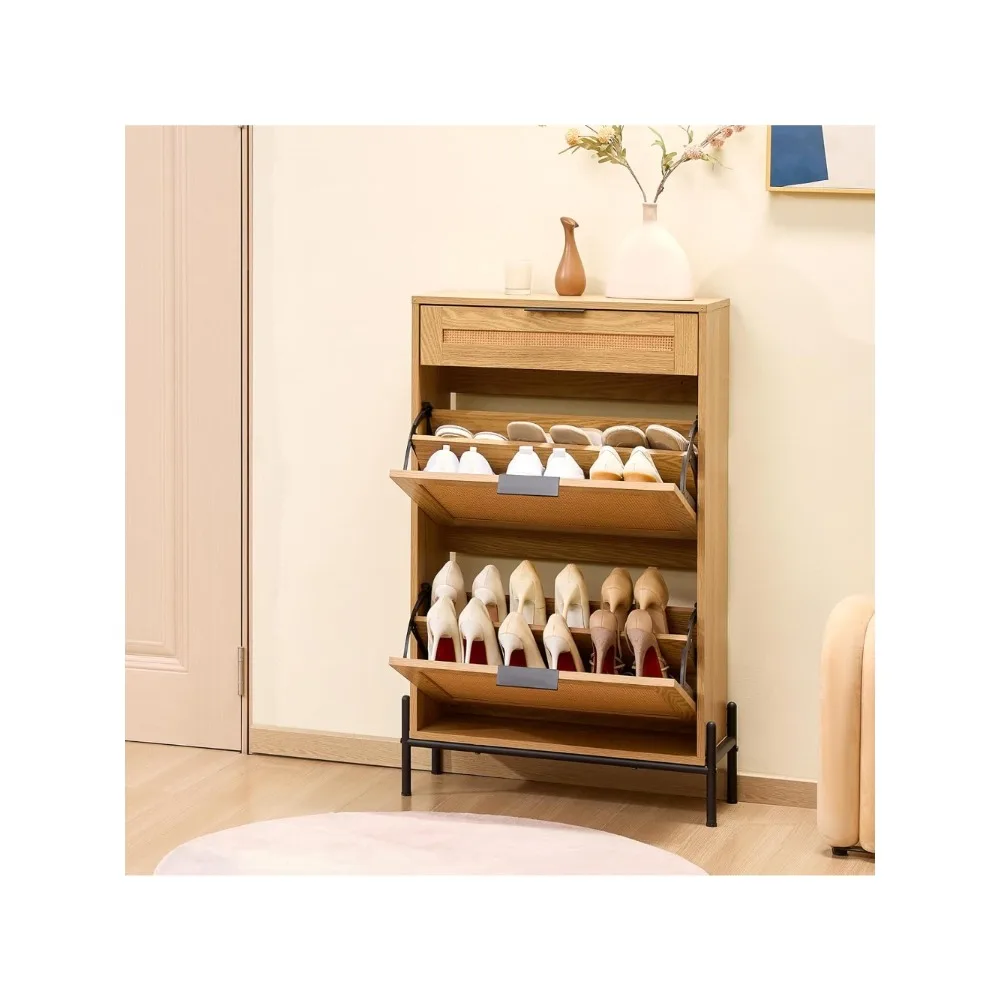 Rattan Shoe Cabinet, Narrow Shoe Storage Organizer with 2 Flip Rattan Drawers & 1 Slide Drawer, Metal Legs