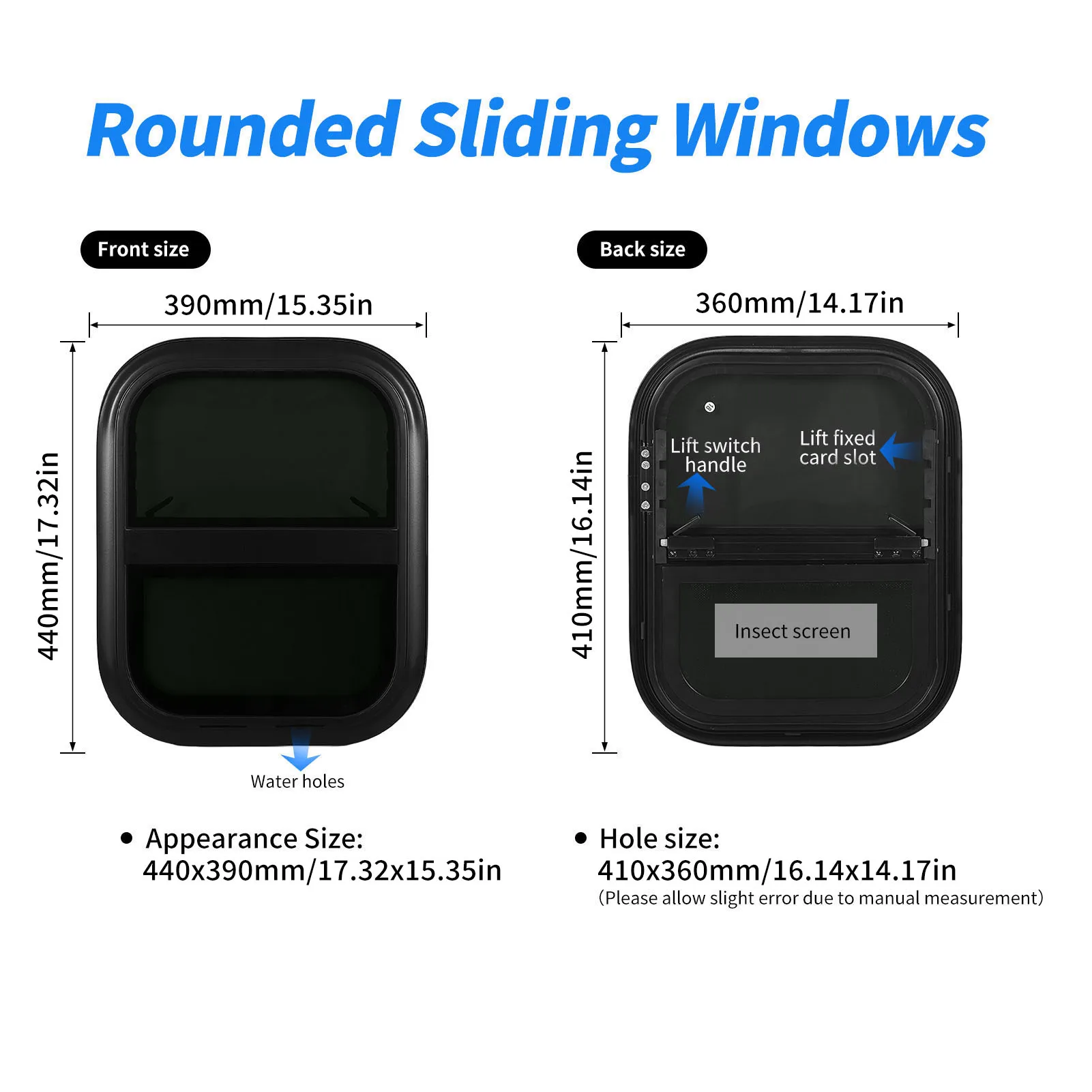 RV Window with Trim Rings RV Lifting Window with Screen 440mm H 390mm W Tinted Tempering Glass Waterproof for Motorhome Trailer