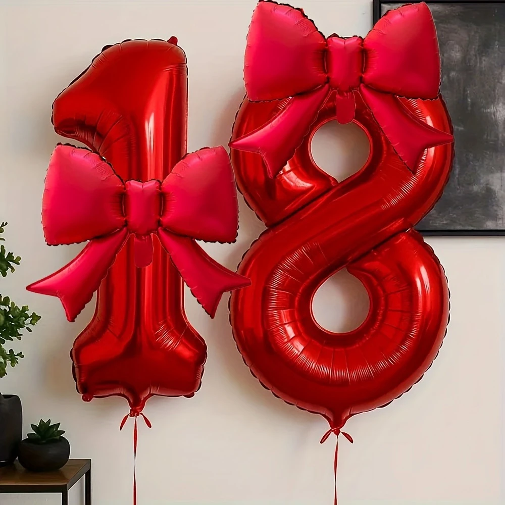 Ballon numérique numéro rouge 32 pouces, 2 pièces, avec nœud rouge, ensemble de ballons en aluminium pour fête d'anniversaire, anniversaire, nouvel an, cadeau de décoration