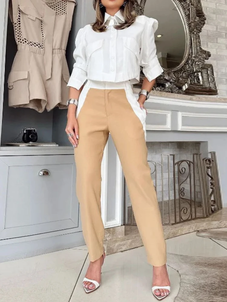 Two Piece Sets Women Pants Set Slim Fit Casual Turn Down Collar Full Sleeve Tops Elegant Splice Straight Long Pants Summer