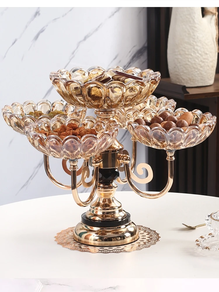 European crystal glass fruit plate Home living room coffee table decoration multi-layer rotating snack candy tray