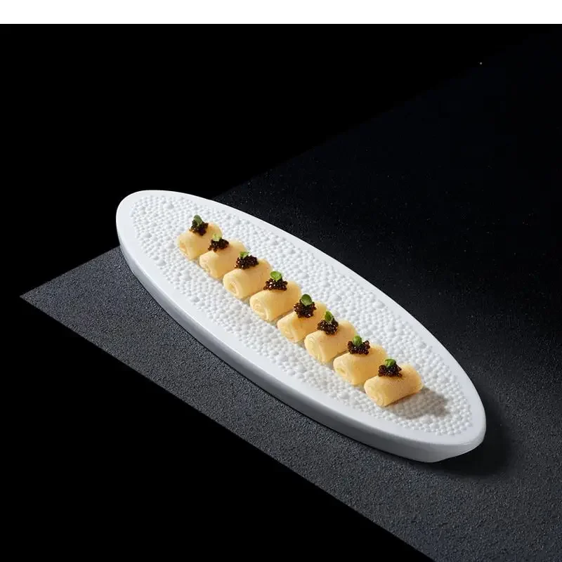 

Pure White Bead Dot Texture Ceramic Sushi Plate Oval Dessert Snack Dim Sum Dish Molecular Cuisine Tableware