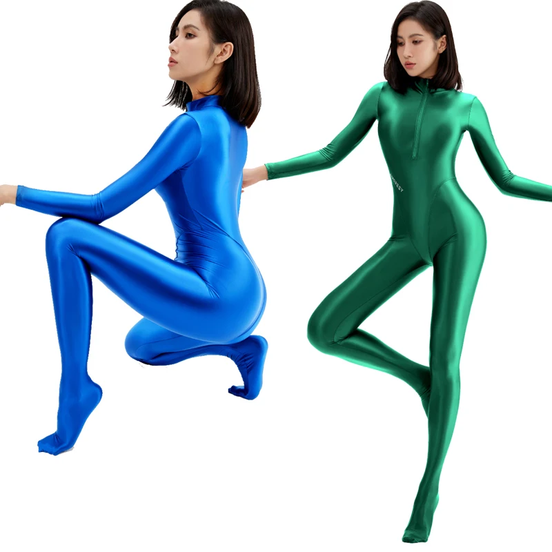 Sexy women front zipper one-piece swimsuit Oil Tights Shiny Smooth sports cycling clothing Catsuits Bodysuit suit Wetsuit  Surf