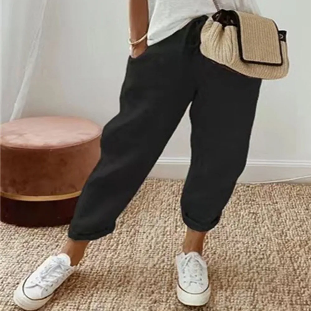 Cotton Linen Cotton Linen Pants Elastic Waist Breathable Casual Trousers High Waist Drawstring Waist Loose Pants For Women