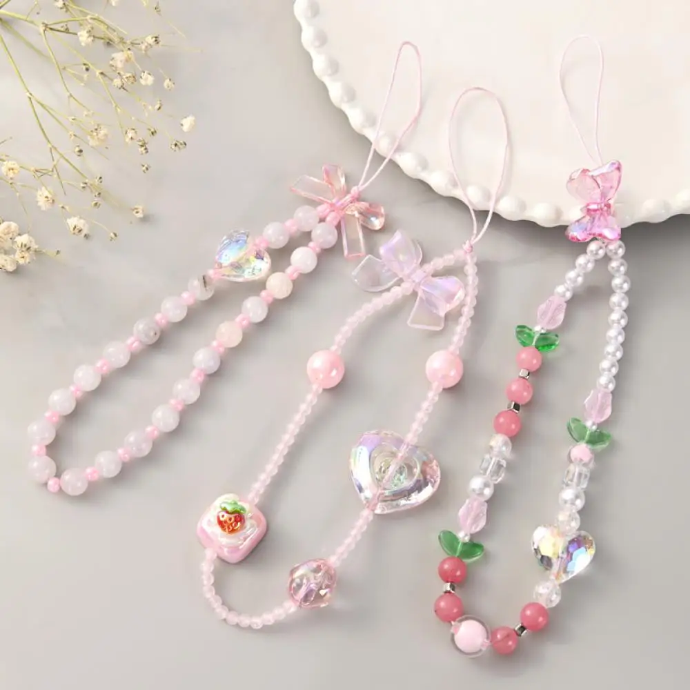 Fashion Acrylic Mobile Phone Chain Sweet Cute Heart Shape Butterfly Beaded Telephone Lanyard Hanging Cord Women Girls Jewelry